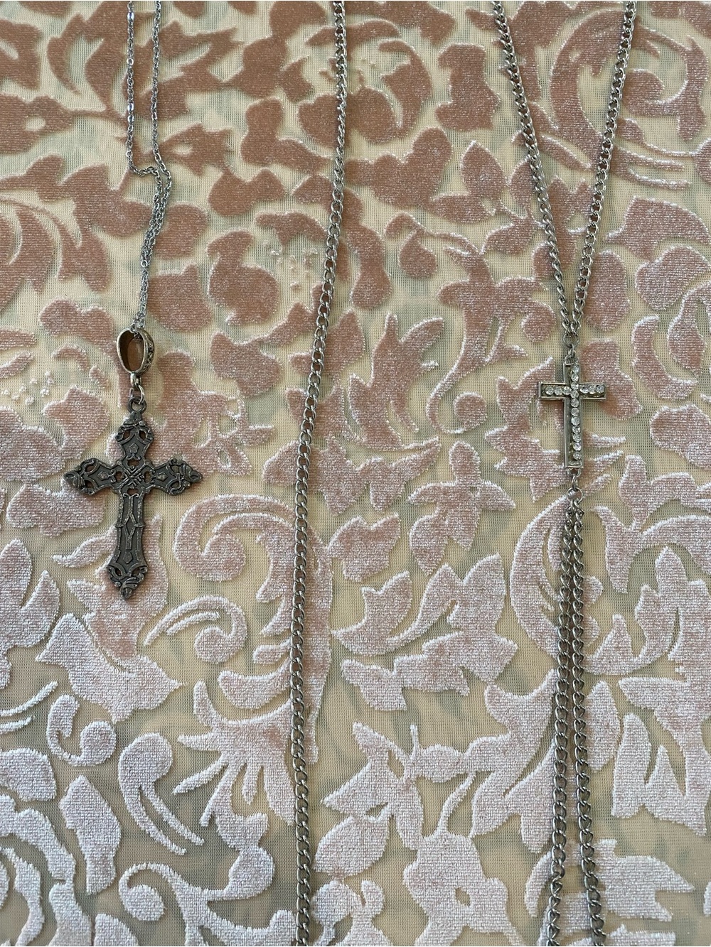 Dolls Kill Style Silver Cross Jewelry Set - Cross Necklace & Rhinestone Harness